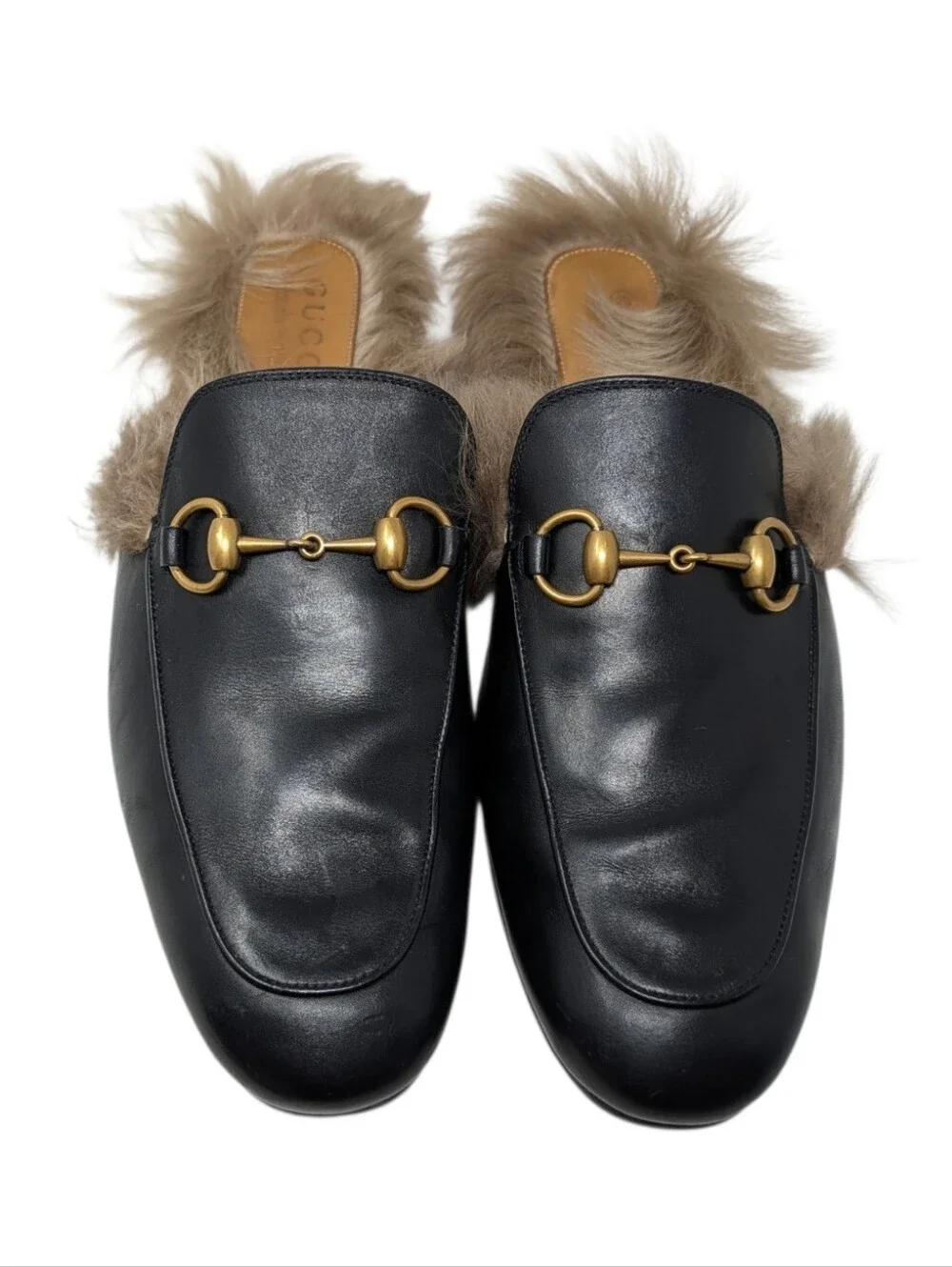 Gucci Men's Black Leather Horsebit Fur Princetown Mule Loafers Size 7